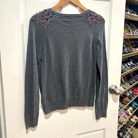 Anthropologie MOTH Gray Pom-Pom Cardigan Sweater Cotton Cashmere Blend Size M - Picture 9 of 11